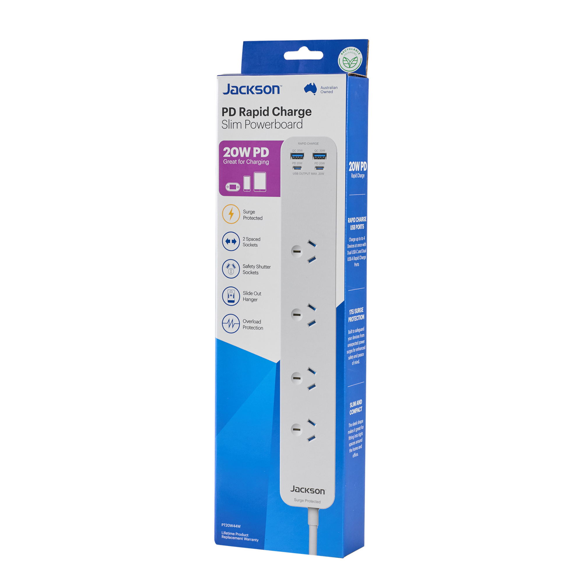 20W USB-A +USB-C,  4 Outlet Powerboard