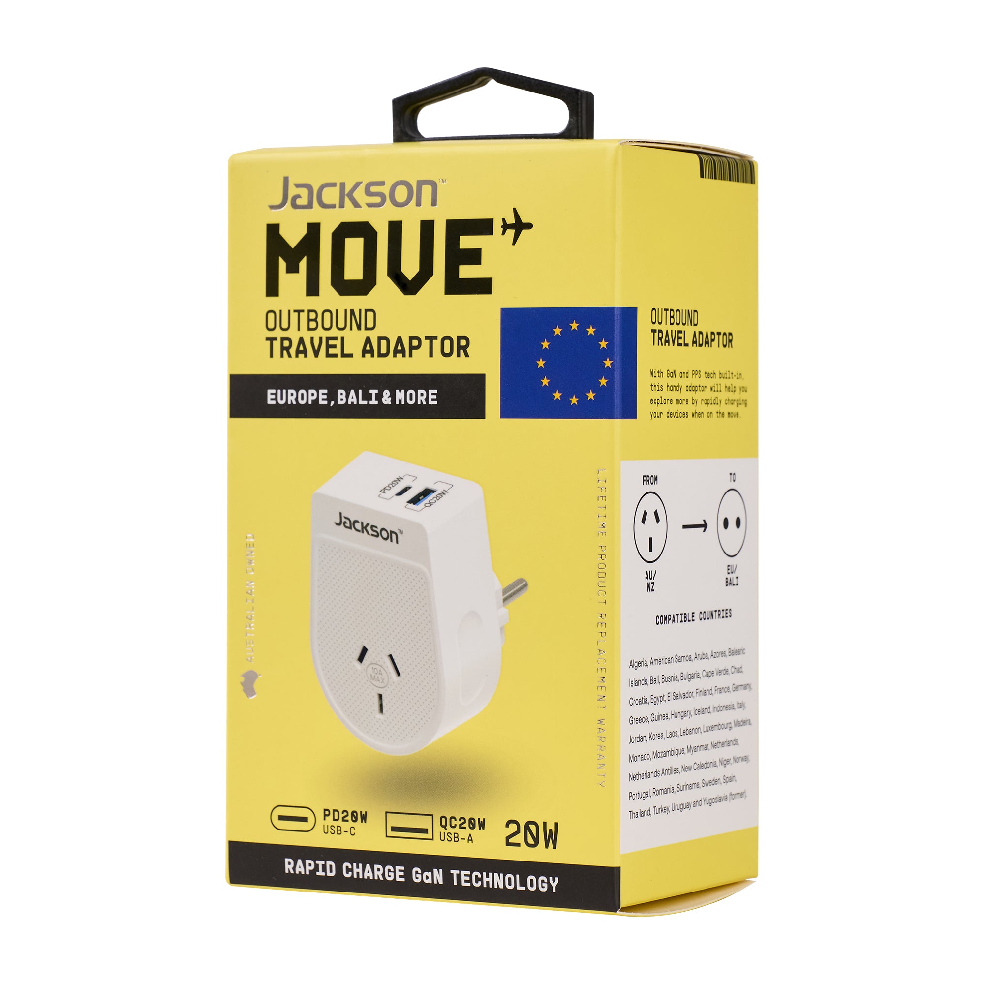 Move Outbound Europe + Bali 20W USB-A + USB-C Travel Adaptor