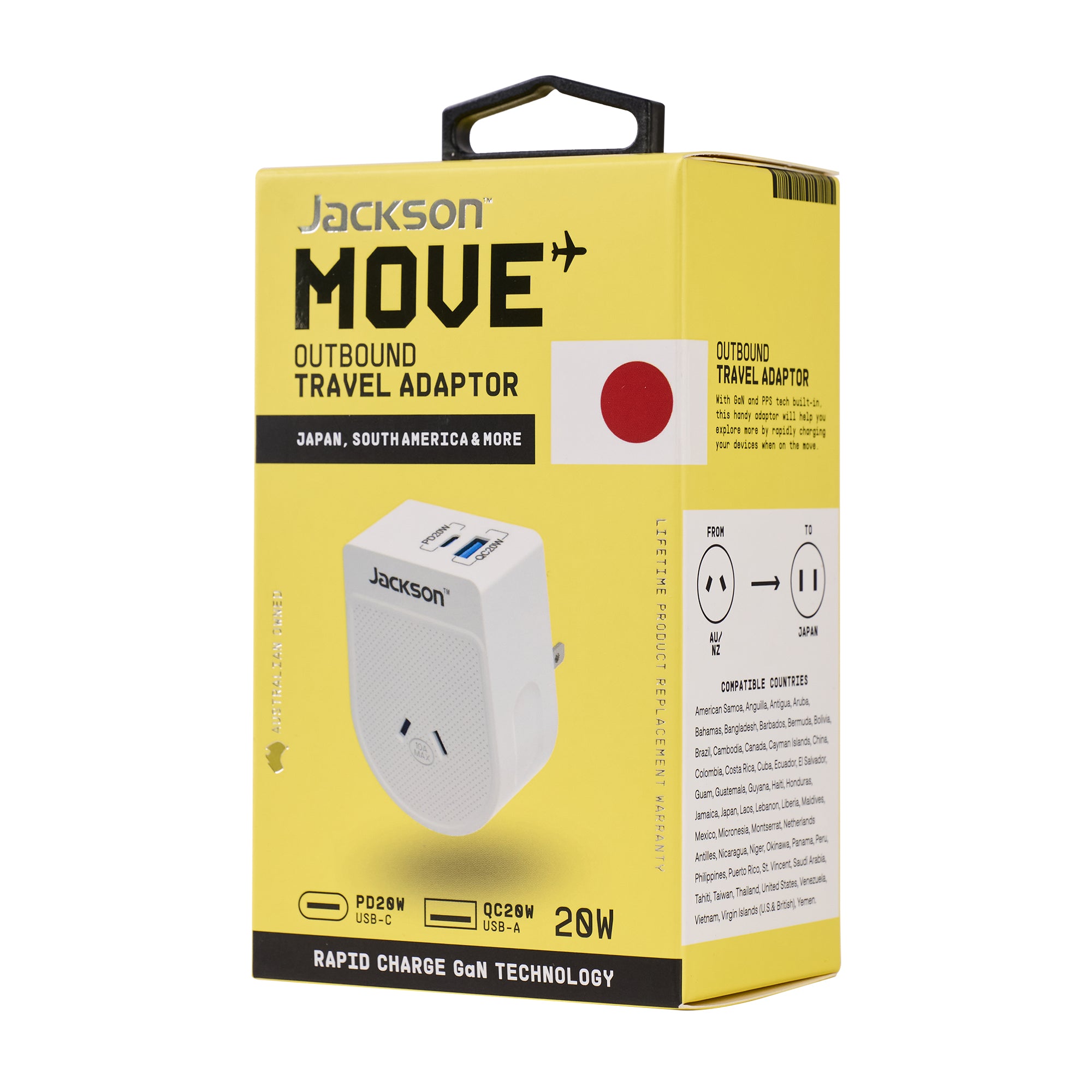 Move Outbound Japan + South America 20W USB-A + USB-C Travel Adaptor