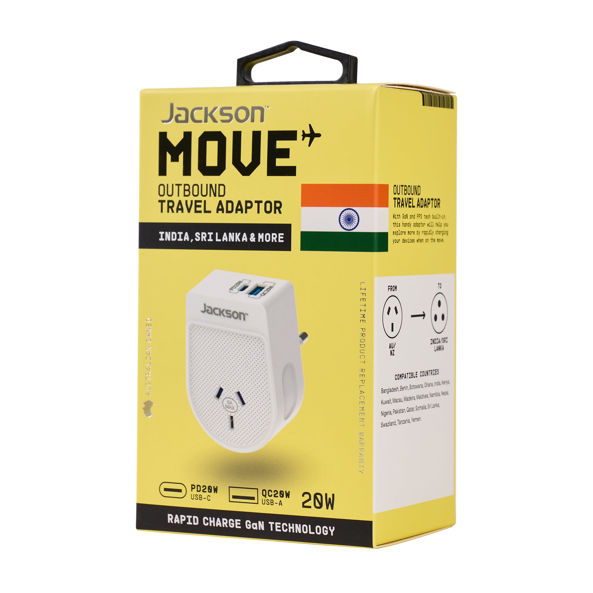 Move Outbound India + Sri Lanka 20W USB-A + USB-C Travel Adaptor