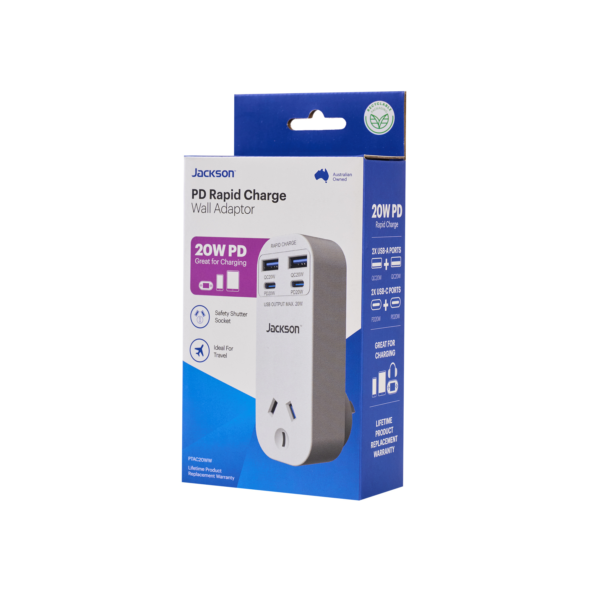 20W USB-A + USB-C, 1 Outlet Wall Adaptor